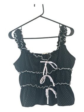 Vintage Y2K SugarLass Black Polka Dot Ruffle Crop Tank Top w White Ties Size XL